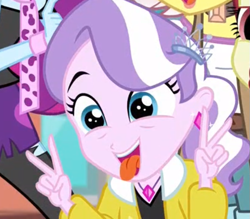 Size: 611x536 | Tagged: safe, screencap, character:diamond tiara, character:mystery mint, character:vignette valencia, equestria girls:rollercoaster of friendship, g4, my little pony:equestria girls, clothing, cropped, cute, diamondbetes, me my selfie and i, peace sign, silly face, solo focus, tongue out, vignette valencia