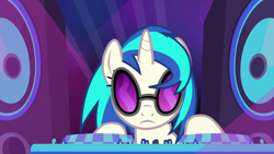 Size: 1280x720 | Tagged: safe, screencap, character:dj pon-3, character:vinyl scratch, episode:fake it 'til you make it, frown, looking at you, solo, speakers, sunglasses, turntable
