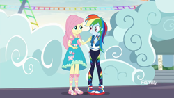 Size: 1280x720 | Tagged: safe, screencap, character:fluttershy, character:rainbow dash, equestria girls:rollercoaster of friendship, g4, my little pony:equestria girls, blushing, converse, cute, dashabetes, geode of fauna, geode of super speed, magical geodes, shipping fuel, shoes