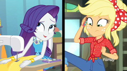 Size: 1920x1080 | Tagged: safe, screencap, character:applejack, character:rarity, equestria girls:rollercoaster of friendship, g4, my little pony:equestria girls, barefoot, cellphone, clothing, duo, fabric, feet, phone, phone call, sewing machine