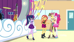 Size: 1920x1080 | Tagged: safe, screencap, character:pinkie pie, character:sunset shimmer, character:twilight sparkle, character:twilight sparkle (scitwi), character:vignette valencia, species:eqg human, equestria girls:rollercoaster of friendship, g4, my little pony:equestria girls, angry, geode of empathy, geode of telekinesis, personal space invasion, reaching out, stage, vignette valencia