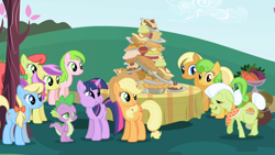 Size: 1280x720 | Tagged: safe, screencap, character:apple cider, character:apple cobbler, character:applejack, character:granny smith, character:lavender fritter, character:peachy sweet, character:perfect pie, character:red gala, character:spike, character:twilight sparkle, character:twilight sparkle (unicorn), species:dragon, species:earth pony, species:pony, species:unicorn, episode:friendship is magic, g4, my little pony: friendship is magic, apple, apple family member, apple fritter (food), apple pie, aweeg*, background pony, bow, cake, candy apple (food), cupcake, elderly, female, food, hair bow, male, mare, pie, puffy cheeks, table