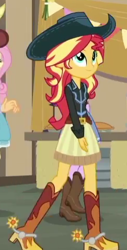 Size: 243x478 | Tagged: safe, screencap, character:fluttershy, character:sunset shimmer, character:twilight sparkle, episode:five to nine, g4, my little pony:equestria girls, beautiful, belt, boots, clothing, cowboy boots, cowboy hat, cowgirl, cowgirl outfit, cropped, cute, hat, high heel boots, shimmerbetes, shoes, skirt, spurs, stetson