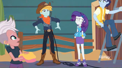 Size: 1366x768 | Tagged: safe, screencap, character:rarity, equestria girls:rollercoaster of friendship, g4, my little pony:equestria girls, background human, candyberry, cowboy, faec, geode of shielding, nervous, rarisnap, tex glitter