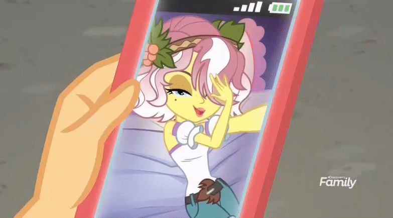 Size: 783x434 | Tagged: safe, screencap, character:vignette valencia, equestria girls:rollercoaster of friendship, g4, my little pony:equestria girls, animated, bangs, biting, caption, discovery family logo, finger bite, finger in mouth, gif, gif with captions, hand, hashtag, hashtag bangs, phone, sexy, snapgap, solo, vignette valencia