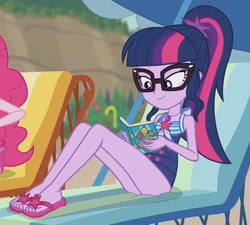 Size: 2100x1890 | Tagged: safe, screencap, character:pinkie pie, character:twilight sparkle, character:twilight sparkle (scitwi), species:eqg human, episode:friendship math, g4, my little pony:equestria girls, book, clothing, cropped, feet, female, flip-flops, glasses, legs, ponytail, reading, sandals, schrödinger's pantsu, sexy, solo, solo focus, swimsuit