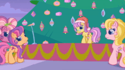 Size: 1280x720 | Tagged: safe, screencap, character:cheerilee (g3), character:mayor flitter flutter, character:pinkie pie (g3), character:rainbow dash (g3), character:scootaloo (g3), character:starsong, character:sweetie belle (g3), character:toola roola (g3), character:whimsey weatherbe, species:dragon, species:earth pony, species:pegasus, species:pony, species:unicorn, episode:twinkle wish adventure, g3.5, animated, christmas, christmas tree, clothing, core seven, dragoness, female, glasses, hat, holiday, mare, microphone, no sound, santa hat, tree, webm, youtube link