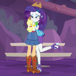 Size: 621x620 | Tagged: safe, screencap, character:applejack, character:rarity, equestria girls:rollercoaster of friendship, g4, my little pony:equestria girls, boots, clothing, cropped, discovery family logo, foot popping, gem, hug, jacket, jewelry, park, reunited, shipping fuel, shoes