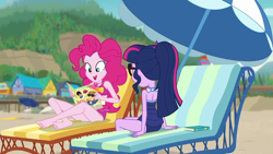 Size: 1280x720 | Tagged: safe, screencap, character:feather bangs, character:pinkie pie, character:twilight sparkle, character:twilight sparkle (scitwi), species:eqg human, episode:friendship math, g4, my little pony:equestria girls, ass, barefoot, clothing, duo, duo female, feet, female, geode of sugar bombs, swimsuit, twibutt