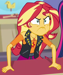 Size: 409x487 | Tagged: safe, screencap, character:sunset shimmer, character:twilight sparkle, character:twilight sparkle (scitwi), species:eqg human, equestria girls:rollercoaster of friendship, g4, my little pony:equestria girls, >:c, angry, cropped, female, frown, solo focus