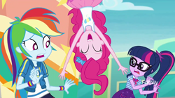 Size: 1280x720 | Tagged: safe, screencap, character:pinkie pie, character:rainbow dash, character:twilight sparkle, character:twilight sparkle (scitwi), species:eqg human, equestria girls:rollercoaster of friendship, g4, my little pony:equestria girls, geode of super speed, geode of telekinesis, in which pinkie pie forgets how to gravity, magical geodes, me my selfie and i, pinkie being pinkie, pinkie logic, pinkie physics, ponytail
