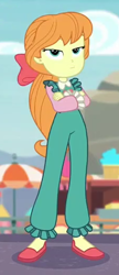 Size: 226x521 | Tagged: safe, screencap, character:megan williams, equestria girls:rollercoaster of friendship, g1, g4, my little pony:equestria girls, bow, cameo, cropped, crossed arms, female, g1 to equestria girls, generation leap, hair bow, overalls, solo, unamused