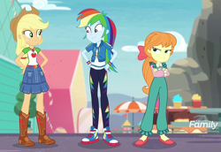 Size: 920x632 | Tagged: safe, screencap, character:applejack, character:megan williams, character:rainbow dash, equestria girls:rollercoaster of friendship, g1, g4, my little pony:equestria girls, cameo, clothing, converse, g1 to equestria girls, generation leap, geode of super speed, geode of super strength, magical geodes, shoes, sneakers, unamused
