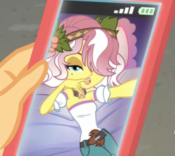 Size: 865x768 | Tagged: safe, screencap, character:applejack, character:vignette valencia, equestria girls:rollercoaster of friendship, g4, my little pony:equestria girls, biting, cellphone, cropped, finger bite, finger in mouth, flirting, flirty, hashtag bangs, phone, selfie, smartphone, vignette valencia
