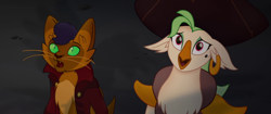 Size: 1920x804 | Tagged: safe, screencap, character:capper dapperpaws, character:captain celaeno, species:abyssinian, species:anthro, my little pony: the movie (2017), amazed, beauty mark, clothing, ear piercing, earring, female, hat, jewelry, male, piercing, pirate hat, shadow