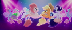 Size: 1920x804 | Tagged: safe, screencap, character:applejack, character:haven bay, character:rarity, character:sea poppy, character:spike, species:seapony (g4), my little pony: the movie (2017), baby, baby seapony (g4), conga line, fish, haven bay, one small thing, puffer fish, sea poppy, seaponified, seapony applejack, seapony rarity, seaquestria, species swap, spike the pufferfish