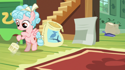 Size: 1280x720 | Tagged: safe, screencap, character:cozy glow, species:pegasus, species:pony, episode:marks for effort, g4, my little pony: friendship is magic, bipedal, bird seed, broom, female, filly, fluttershy's cottage, solo, spread wings, sweeping, wings