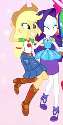Size: 249x494 | Tagged: safe, screencap, character:applejack, character:rarity, episode:so much more to me, g4, my little pony:equestria girls, boots, clothing, cowboy boots, cowboy hat, cropped, denim skirt, eyes closed, female, geode of shielding, geode of super strength, hat, high heels, shipping fuel, shoes, skirt, smiling, stetson
