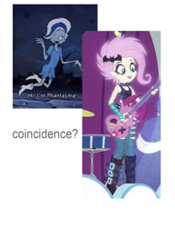 Size: 927x1200 | Tagged: safe, screencap, character:fluttershy, equestria girls:rollercoaster of friendship, g4, my little pony:equestria girls, clothing, comparison, cropped, flutterpunk, ghost, hologram, midriff, phantasma, phanty, scooby doo, scooby doo and the ghoul school, tank top, vampishy