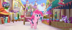 Size: 1280x536 | Tagged: safe, screencap, character:mochaccino, character:pinkie pie, character:rare find, species:earth pony, species:pony, my little pony: the movie (2017), background pony, canterlot, canterlot shopkeep, cart, female, japanese, male, mare, market, stallion, unnamed pony, we got this together