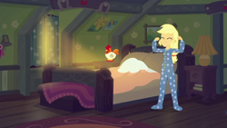 Size: 1280x720 | Tagged: safe, screencap, character:applejack, episode:five to nine, g4, my little pony:equestria girls, applejack's bedroom, bed, book, clothing, lamp, pajamas, solo, window