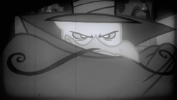 Size: 1280x720 | Tagged: safe, screencap, character:gustave le grande, species:griffon, episode:mmmystery on the friendship express, g4, my little pony: friendship is magic, cape, clothing, dastardly whiplash, film grain, grayscale, gustave le grande, monochrome, season 2, solo