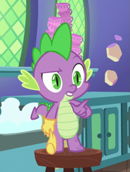 Size: 507x666 | Tagged: safe, screencap, character:spike, species:dragon, episode:all bottled up, g4, my little pony: friendship is magic, claws, clothing, cropped, cup, dishes, gloves, kitchen, kitchen sink, male, pointing, season 7, solo, teacup