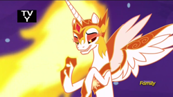 Size: 1366x768 | Tagged: safe, screencap, character:daybreaker, character:princess celestia, species:alicorn, species:pony, episode:a royal problem, g4, my little pony: friendship is magic, armor, discovery family logo, female, mane of fire, mare, smiling, solo, tv rating, tv-y, when she smiles