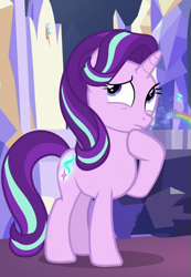 Size: 435x630 | Tagged: safe, screencap, character:starlight glimmer, species:pony, species:unicorn, episode:a royal problem, g4, my little pony: friendship is magic, booty call, cropped, cutie map, female, friendship throne, glowing cutie mark, mare, season 7, solo, thinking