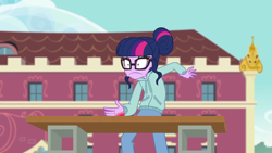 Size: 1920x1080 | Tagged: safe, screencap, character:twilight sparkle, character:twilight sparkle (scitwi), species:eqg human, episode:stressed in show, g4, my little pony:equestria girls, blocks, implied rainbow dash, karate, ouch, pain, plank, solo, stressed in show: rainbow dash