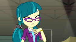Size: 1280x718 | Tagged: safe, screencap, character:juniper montage, equestria girls:movie magic, g4, my little pony:equestria girls, ^^, adorkable, baubles, blazer, bracelet, clothing, cute, dork, eyes closed, female, glasses, grin, hair tie, jewelry, junibetes, pigtails, shirt, smiling, solo, twintails