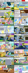 Size: 1282x3304 | Tagged: safe, screencap, character:applejack, character:blossomforth, character:bon bon, character:carrot top, character:cloud kicker, character:derpy hooves, character:dizzy twister, character:golden harvest, character:lemon hearts, character:lucky clover, character:lyra heartstrings, character:mayor mare, character:merry may, character:minuette, character:orange swirl, character:parasol, character:pinkie pie, character:rainbow dash, character:rainbowshine, character:rumble, character:sassaflash, character:sea swirl, character:spike, character:spring melody, character:sprinkle medley, character:sunshower raindrops, character:sweetie drops, character:twinkleshine, species:pegasus, species:pony, comic:celestia's servant interview, caption, colt, comic, female, glasses, interview, male, mare, screencap comic, warm front