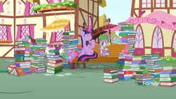 Size: 1920x1080 | Tagged: safe, screencap, character:spike, character:twilight sparkle, character:twilight sparkle (alicorn), species:alicorn, species:dragon, species:pony, episode:yakity-sax, g4, my little pony: friendship is magic, book, female, giggles, looking at something, lots of books, male, mare, sitting, smiling, that pony sure does love books, winged spike