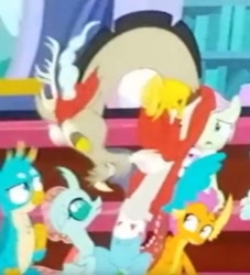 Size: 790x871 | Tagged: safe, screencap, character:discord, character:gallus, character:ocellus, character:smolder, episode:a matter of principals, g4, my little pony: friendship is magic, season 8, 30 rock, cropped, how do you do fellow kids, i need an adult, needs more jpeg, steve buscemi, stranger danger