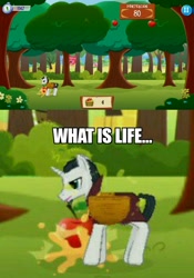 Size: 904x1289 | Tagged: safe, gameloft, screencap, character:chancellor neighsay, species:pony, species:unicorn, apple, disappointed, fail, failure, food, game, game screencap, image macro, male, meme, sad, stallion, sweet apple acres, text, what is life, woobie