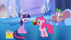 Size: 1280x720 | Tagged: safe, official, screencap, character:pinkie pie, character:spike, character:twilight sparkle, character:twilight sparkle (unicorn), species:dragon, species:earth pony, species:pony, species:unicorn, 1983, crystal palace, female, mare, pinkie being pinkie, pinkie physics, prehensile tongue, rubik's cube, tongue out