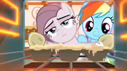 Size: 1279x720 | Tagged: safe, screencap, character:pinkamena diane pie, character:pinkie pie, character:rainbow dash, species:earth pony, species:pegasus, species:pony, episode:yakity-sax, g4, my little pony: friendship is magic, baking, cupcake, cute, dashabetes, discovery family logo, food, oven, oven mitts, sad