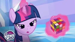 Size: 1280x720 | Tagged: safe, official, screencap, character:twilight sparkle, character:twilight sparkle (unicorn), species:pony, species:unicorn, bangs, crystal palace, cube, female, magic, mare, my little pony, my little pony logo, reaction image, rubik's cube, solo, toy, youtube link
