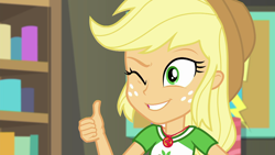 Size: 1920x1080 | Tagged: safe, screencap, character:applejack, equestria girls:rollercoaster of friendship, g4, my little pony:equestria girls, geode of super strength, one eye closed, solo, thumbs up, wink