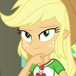 Size: 1077x1077 | Tagged: safe, screencap, character:applejack, equestria girls:rollercoaster of friendship, g4, my little pony:equestria girls, cropped, geode of super strength, hand on chin, solo