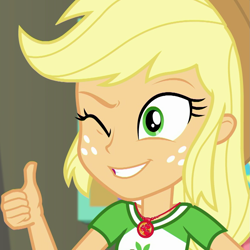 Size: 1077x1078 | Tagged: safe, screencap, character:applejack, equestria girls:rollercoaster of friendship, g4, my little pony:equestria girls, cropped, geode of super strength, one eye closed, reaction image, solo, thumbs up, wink