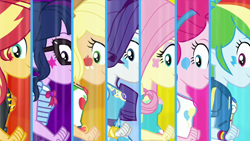 Size: 1920x1080 | Tagged: safe, screencap, character:applejack, character:fluttershy, character:pinkie pie, character:rainbow dash, character:rarity, character:sunset shimmer, character:twilight sparkle, character:twilight sparkle (scitwi), species:eqg human, equestria girls:rollercoaster of friendship, g4, my little pony:equestria girls, female, geode of empathy, geode of fauna, geode of shielding, geode of sugar bombs, geode of super speed, geode of super strength, geode of telekinesis, humane five, humane seven, humane six, magical geodes