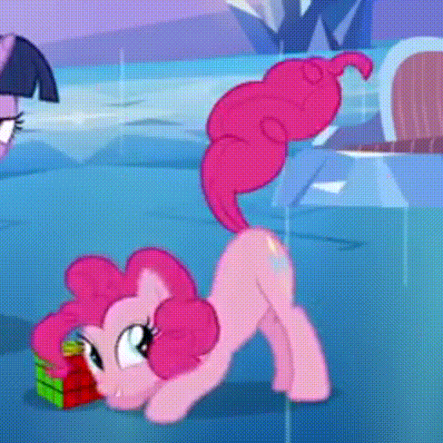 Size: 488x488 | Tagged: safe, official, screencap, character:pinkie pie, character:twilight sparkle, character:twilight sparkle (unicorn), species:pony, species:unicorn, all fours, animated, cropped, cube, face down ass up, hasbro, out of context, rubik's cube, smiling, tail wag, twitchy tail