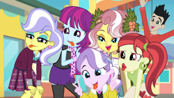 Size: 1920x1080 | Tagged: safe, screencap, character:diamond tiara, character:mystery mint, character:upper crust, character:vignette valencia, equestria girls:rollercoaster of friendship, g4, my little pony:equestria girls, clothing, crystal prep academy uniform, peace sign, photobomb, rose heart, school uniform, silly face, tongue out, vignette valencia
