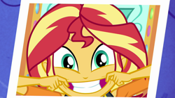 Size: 1920x1080 | Tagged: safe, screencap, character:sunset shimmer, equestria girls:rollercoaster of friendship, g4, my little pony:equestria girls, cute, female, photo, shimmerbetes, silly, silly face, smiling, solo, when she smiles