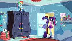 Size: 1280x720 | Tagged: safe, screencap, character:rainbow dash, character:rarity, character:twilight sparkle, character:twilight sparkle (scitwi), species:eqg human, episode:leaping off the page, eqg summertime shorts, g4, my little pony:equestria girls, rainbow dash's bedroom, wardrobe