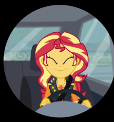 Size: 672x718 | Tagged: safe, screencap, character:sunset shimmer, episode:driving miss shimmer, g4, my little pony:equestria girls, car, cropped, cute, eyes closed, geode of empathy, iris out, shimmerbetes, smiling