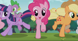 Size: 1343x711 | Tagged: safe, screencap, character:fluttershy, character:pinkie pie, character:rarity, character:spike, character:twilight sparkle, character:twilight sparkle (alicorn), species:alicorn, species:earth pony, species:pegasus, species:pony, species:unicorn, animation error, cute, female, foal house, mare, no eyelashes, pink, running, wrong eye color