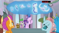 Size: 1920x1080 | Tagged: safe, screencap, character:gallus, character:ocellus, character:smolder, character:spike, character:starlight glimmer, character:yona, episode:a matter of principals, g4, my little pony: friendship is magic, amulet, amulet of aurora, boomerang (tv channel), clover the clever's cloak, crown, crown of grover, helm of yickslur, helmet, jewelry, knuckerbocker's shell, regalia, talisman of mirage