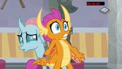 Size: 1920x1080 | Tagged: safe, screencap, character:ocellus, character:smolder, species:changeling, species:dragon, species:reformed changeling, episode:a matter of principals, g4, my little pony: friendship is magic, boomerang (tv channel), claws, dragon wings, dragoness, fangs, female, gritted teeth, horns, wings
